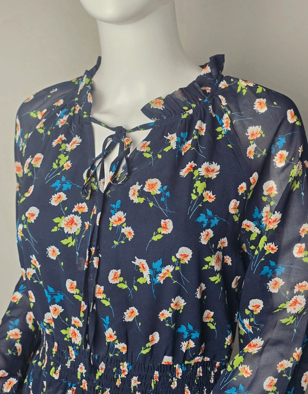 Allegra K Women Mini Floral Tie Neck Smocked Waist Layered Chiffon Dress