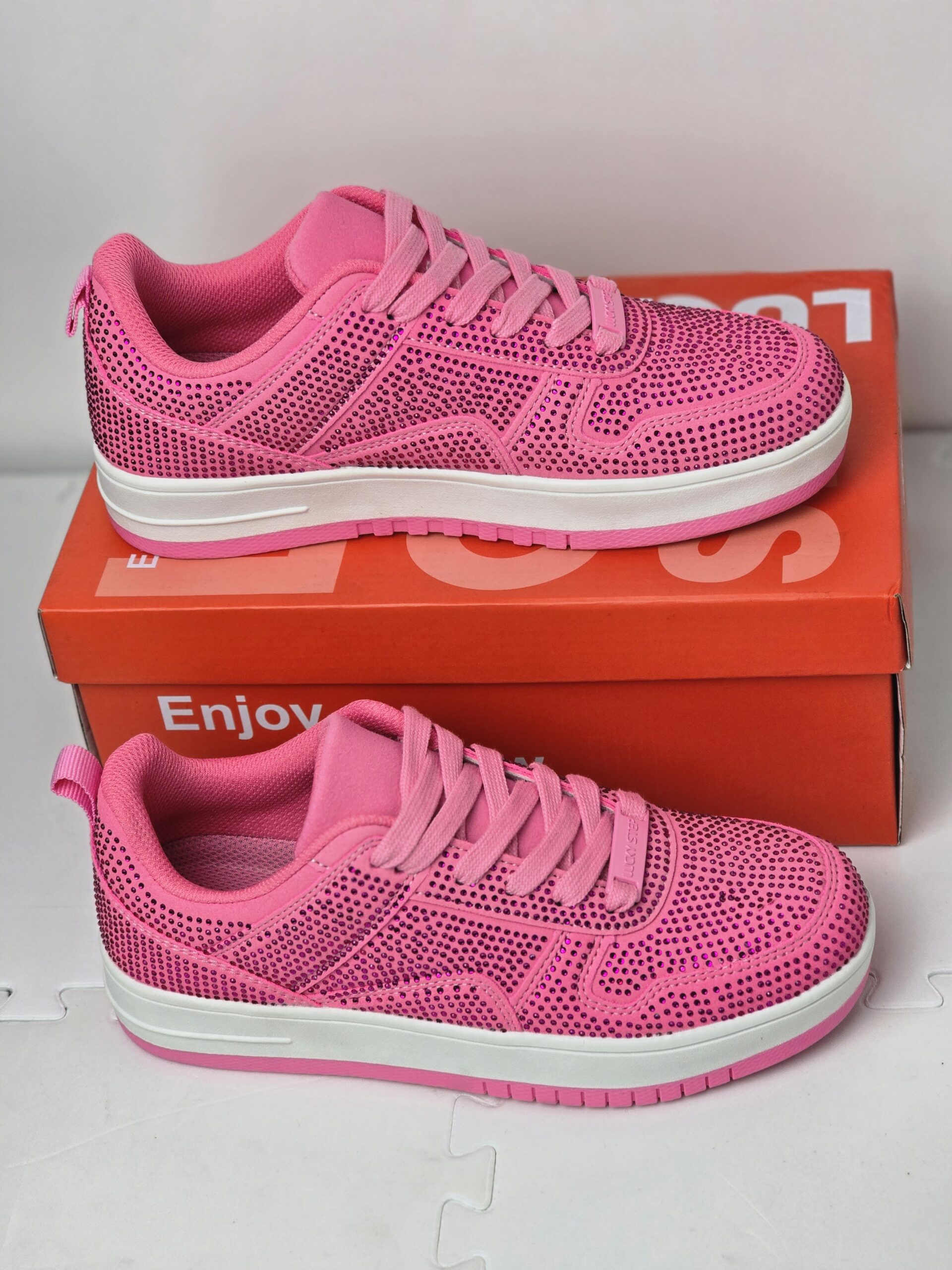 LUCKY STEP Women Fashion Sparkle Rhinestone Sneakers White Leather Low Top Tennis Shoes Lace Up Casual Comfortable Walking Shoe