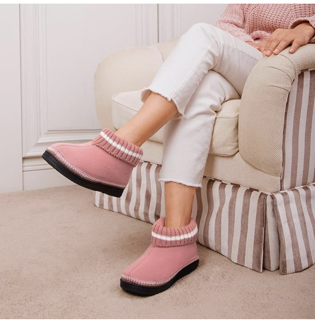 EverFoams Women's Bootie Slippers Non-slip Comfy Winter Indoor House Shoes with Knitted Collar