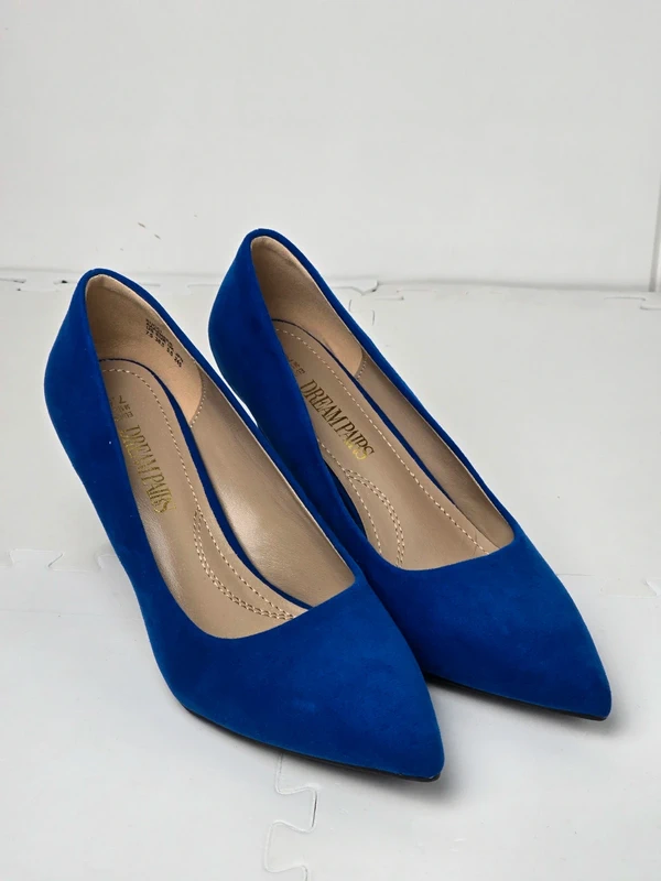 Blue Womens Slip-On Low Mid Heels Pointed Closed-Toe Shoes